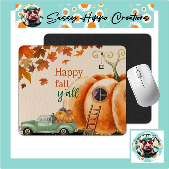 Mouse Pad Happy Fall Y'all Autumn Leaves Pumpkin Truck Sublimated Anti Slip Back - Picture 1 of 4